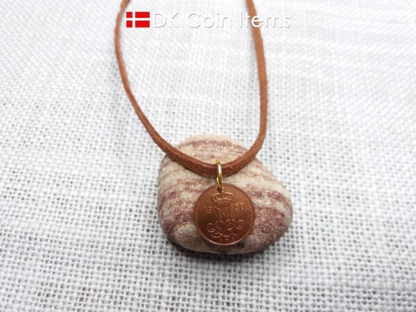 Denmark 1980 initial M coin pendant necklace with 42 year old Danish 5 ore coin.