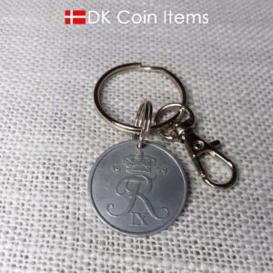 Denmark 1959 coin keychain. 65 year old 5 ore coin pendant with initial R.