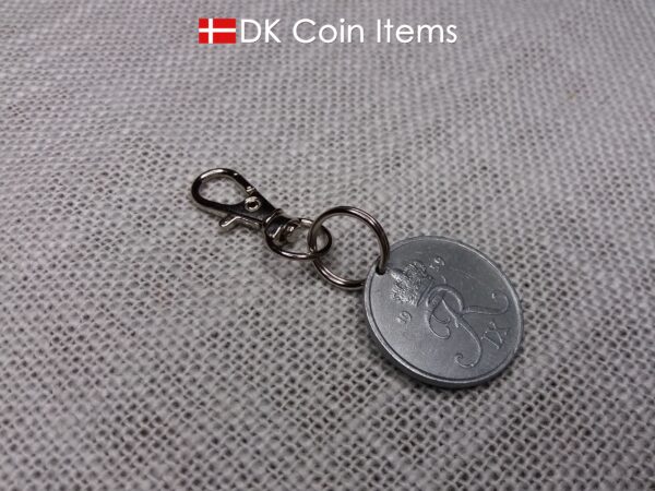 Denmark 1959 coin charm. 65 year old 5 ore coin pendant with R initial.