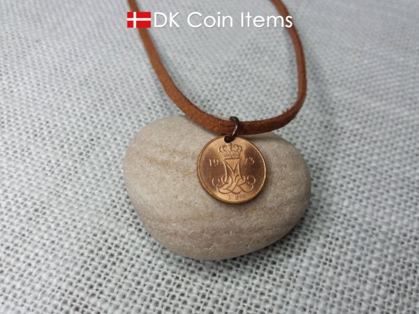 Denmark 1973 M-initial coin necklace with 51 year old 5 ore coin pendant. DKCoinItems