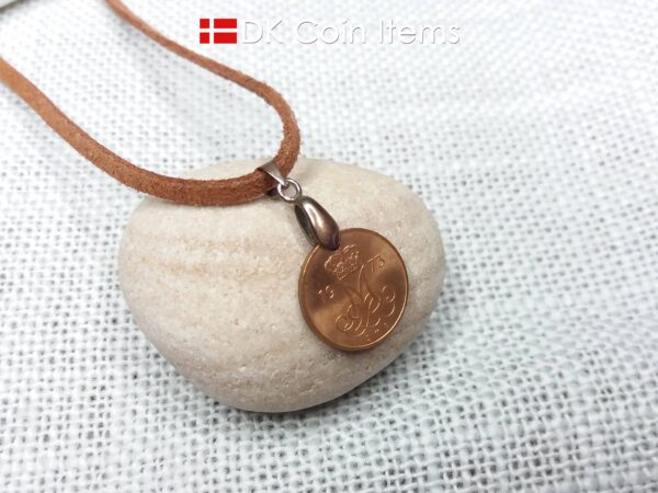 Denmark 1973 M-initial coin necklace with 51 year old 5 ore coin pendant. DKCoinItems