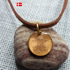 Denmark 1973 M-initial coin necklace with 51 year old 5 ore coin pendant. DKCoinItems