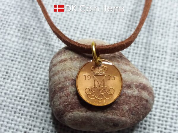 Denmark 1973 M-initial coin necklace with 51 year old 5 ore coin pendant. DKCoinItems