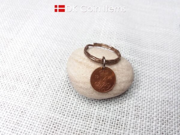 Denmark 1973 M-initial coin keychain with 51 year old 5 ore coin pendant