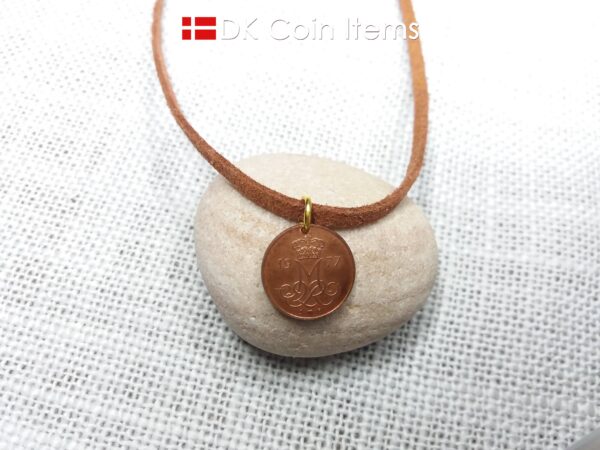 Denmark 1977 M-initial coin necklace with 47 year old 5 ore coin pendant. DKCoinItems