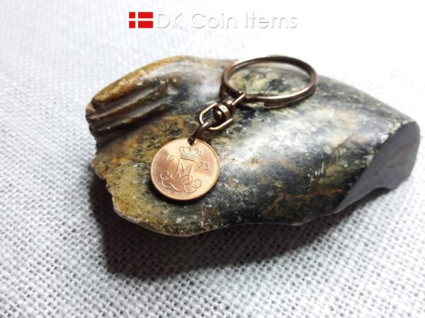 Denmark 1973 initial M coin keychain with 51 year old 5 ore coin pendant.