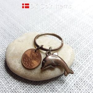 Denmark 1973 coin keychain. Vintage 51 year old M-initial 5 ore coin pendant.