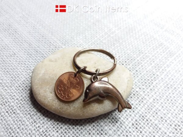 Denmark 1973 coin keychain. Vintage 51 year old M-initial 5 ore coin pendant.