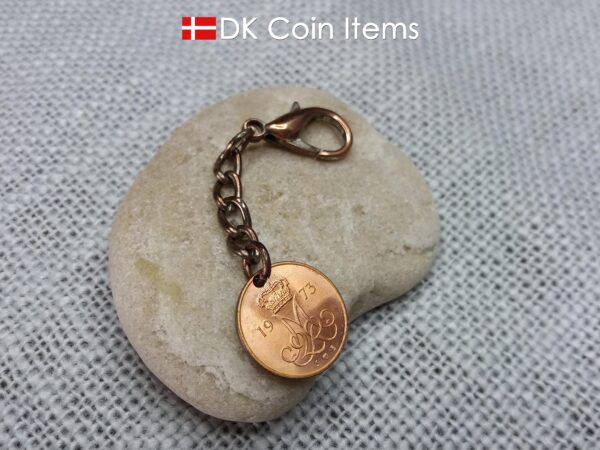 Denmark coin charm. 51 year old M initial 5 ore 1973 coin pendant.