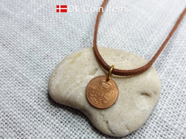 Denmark 1981 initial M coin pendant necklace with 43 year old Danish 5 ore coin.