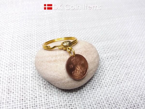 Denmark 1977 M-initial coin keychain with 47 year old 5 ore coin pendant. DKCoinItems