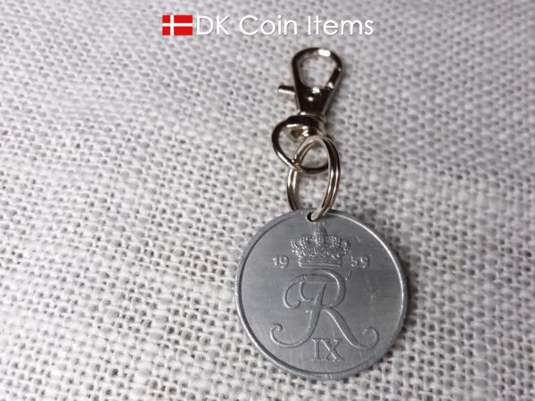 Denmark 1959 coin charm. 65 year old 5 ore coin pendant with R initial.