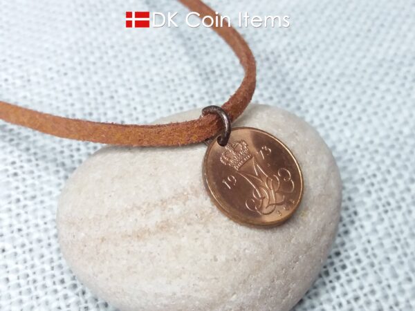 Denmark 1973 M-initial coin necklace with 51 year old 5 ore coin pendant. DKCoinItems