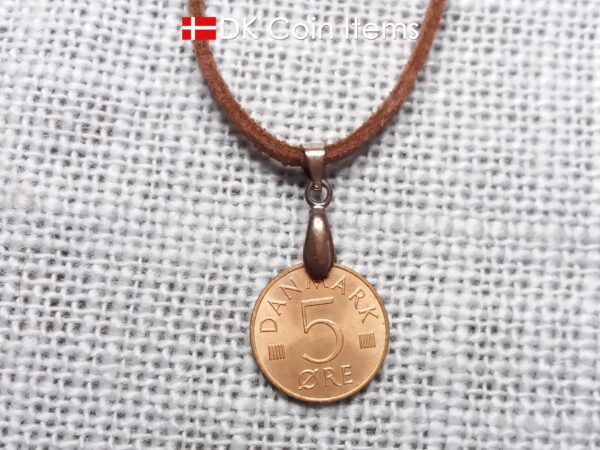 Denmark 1973 M-initial coin necklace with 51 year old 5 ore coin pendant. DKCoinItems