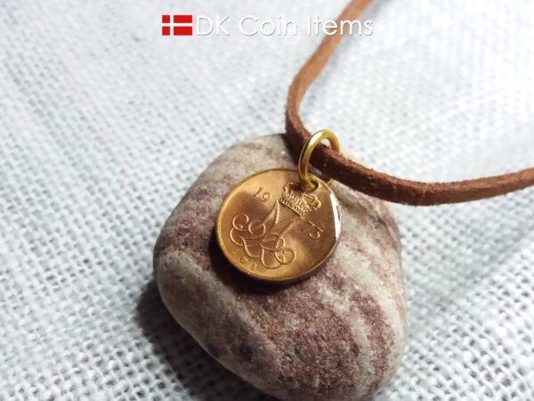 Denmark 1973 M-initial coin necklace with 51 year old 5 ore coin pendant. DKCoinItems