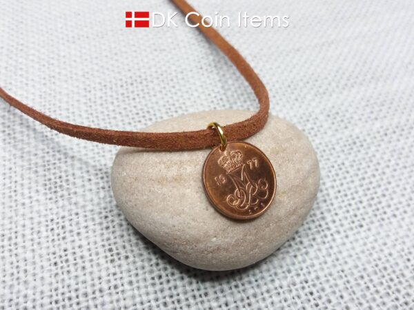 Denmark 1977 M-initial coin necklace with 47 year old 5 ore coin pendant. DKCoinItems