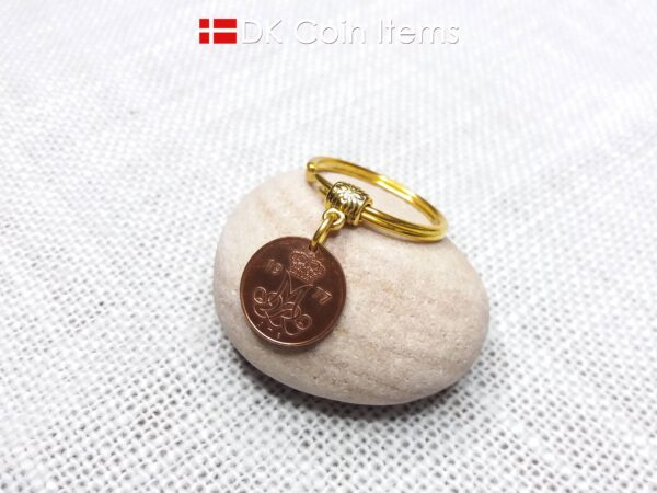 Denmark 1977 M-initial coin keychain with 47 year old 5 ore coin pendant. DKCoinItems