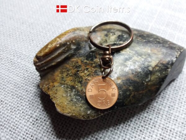 Denmark 1973 initial M coin keychain with 51 year old 5 ore coin pendant.