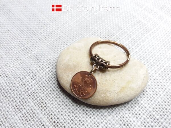 Denmark 1973 coin keychain with 51 year old M-initial 5 ore coin pendant.