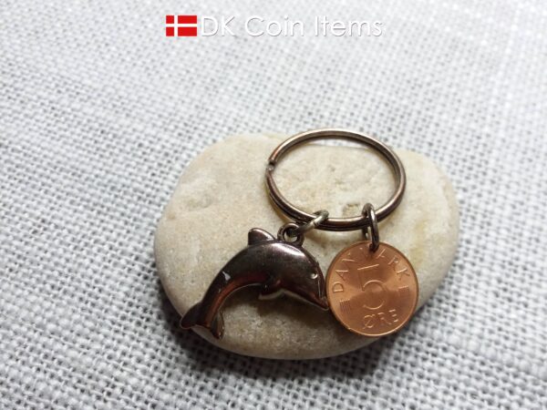 Denmark 1973 coin keychain. Vintage 51 year old M-initial 5 ore coin pendant.