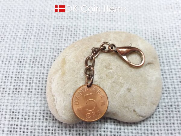 Denmark coin charm. 51 year old M initial 5 ore 1973 coin pendant.