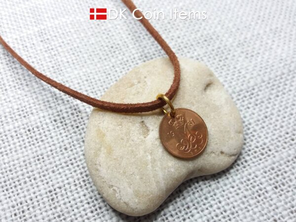 Denmark 1981 initial M coin pendant necklace with 43 year old Danish 5 ore coin.