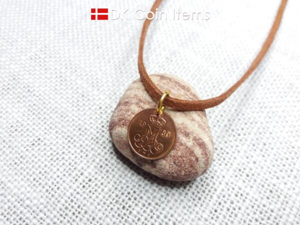 Denmark 1980 initial M coin pendant necklace with 42 year old Danish 5 ore coin.