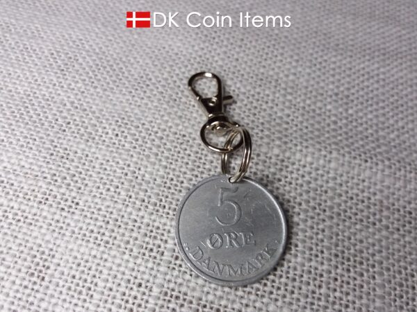 Denmark 1959 coin charm. 65 year old 5 ore coin pendant with R initial.