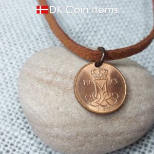 Denmark 1973 M-initial coin necklace with 51 year old 5 ore coin pendant. DKCoinItems