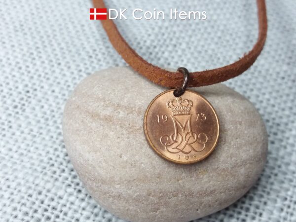 Denmark 1973 M-initial coin necklace with 51 year old 5 ore coin pendant. DKCoinItems