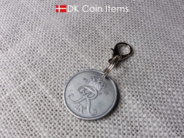 Denmark 1959 coin charm. 65 year old R initial 5 ore coin pendant.