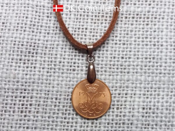 Denmark 1973 M-initial coin necklace with 51 year old 5 ore coin pendant. DKCoinItems