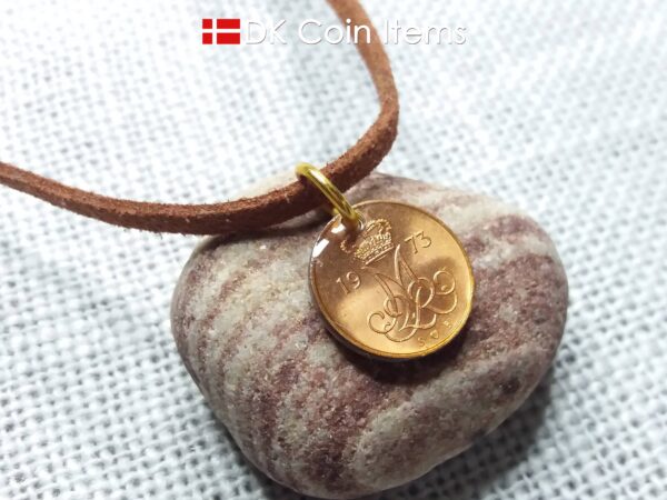 Denmark 1973 M-initial coin necklace with 51 year old 5 ore coin pendant. DKCoinItems