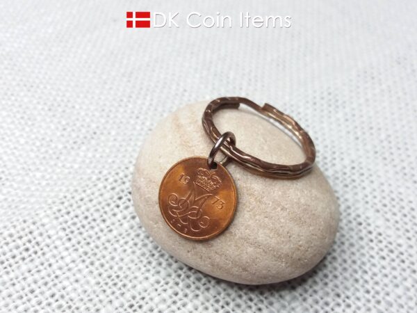 Denmark 1973 M-initial coin keychain with 51 year old 5 ore coin pendant