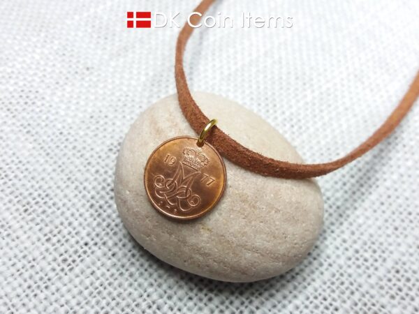 Denmark 1977 M-initial coin necklace with 47 year old 5 ore coin pendant. DKCoinItems