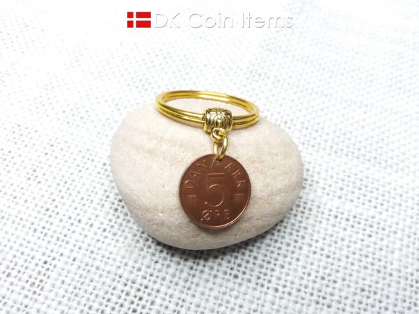 Denmark 1977 M-initial coin keychain with 47 year old 5 ore coin pendant. DKCoinItems