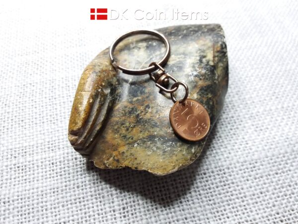 Denmark 1973 initial M coin keychain with 51 year old 5 ore coin pendant.