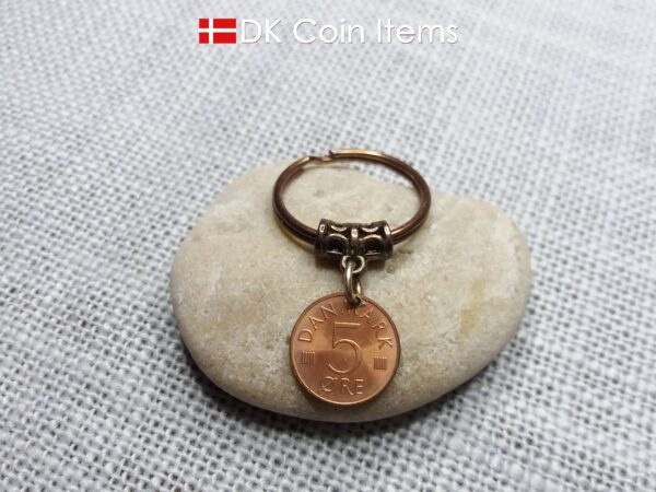 Denmark 1973 coin keychain with 51 year old M-initial 5 ore coin pendant.