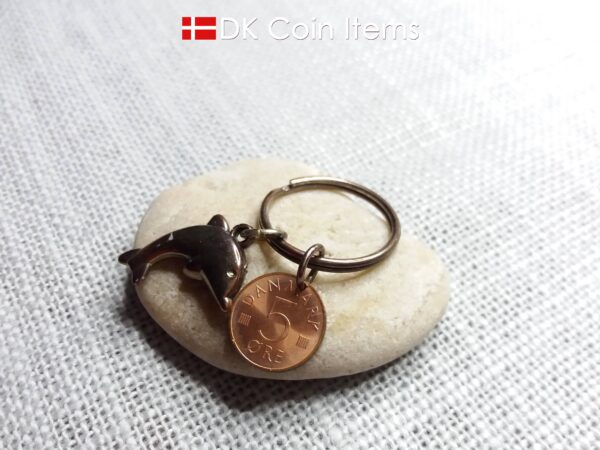 Denmark 1973 coin keychain. Vintage 51 year old M-initial 5 ore coin pendant.