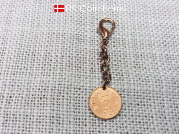 Denmark coin charm. 51 year old M initial 5 ore 1973 coin pendant.