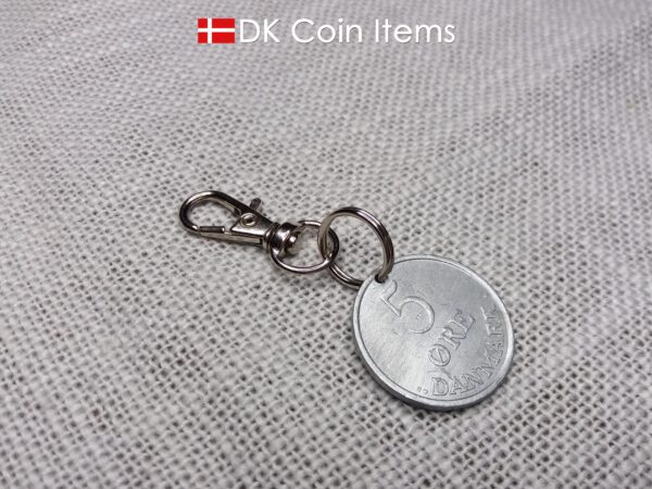 Denmark 1959 coin charm. 65 year old 5 ore coin pendant with R initial.