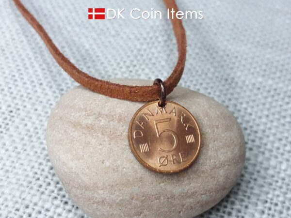 Denmark 1973 M-initial coin necklace with 51 year old 5 ore coin pendant. DKCoinItems