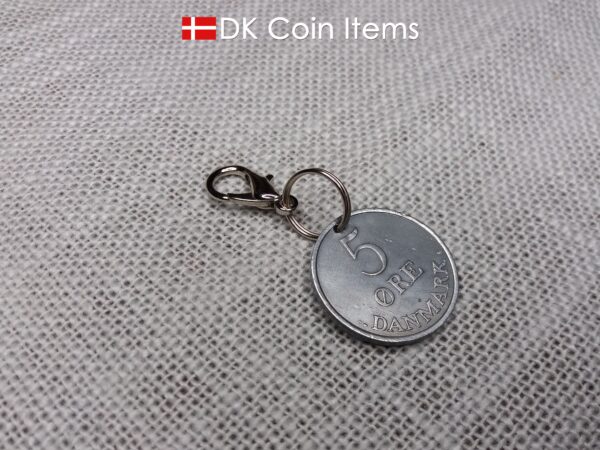 Denmark 1959 coin charm. 65 year old R initial 5 ore coin pendant.