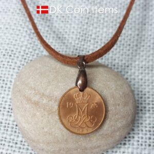 Denmark 1973 M-initial coin necklace with 51 year old 5 ore coin pendant. DKCoinItems