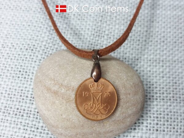 Denmark 1973 M-initial coin necklace with 51 year old 5 ore coin pendant. DKCoinItems