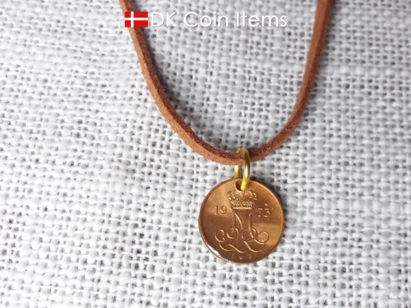 Denmark 1973 M-initial coin necklace with 51 year old 5 ore coin pendant. DKCoinItems