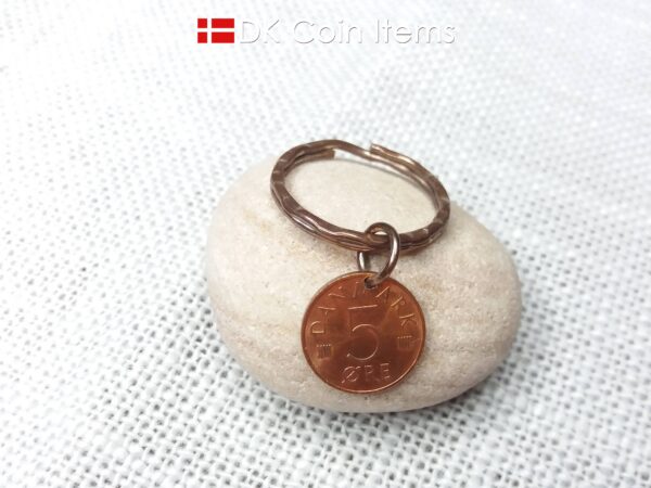 Denmark 1973 M-initial coin keychain with 51 year old 5 ore coin pendant