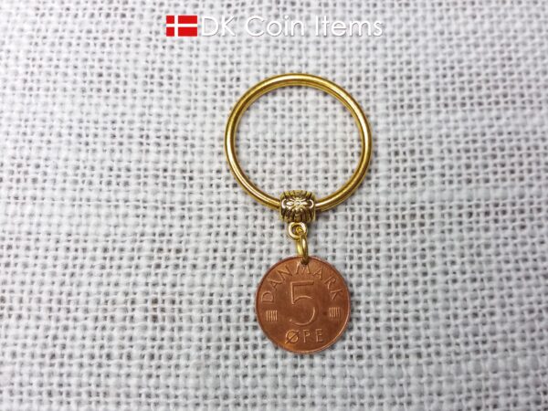 Denmark 1977 M-initial coin keychain with 47 year old 5 ore coin pendant. DKCoinItems