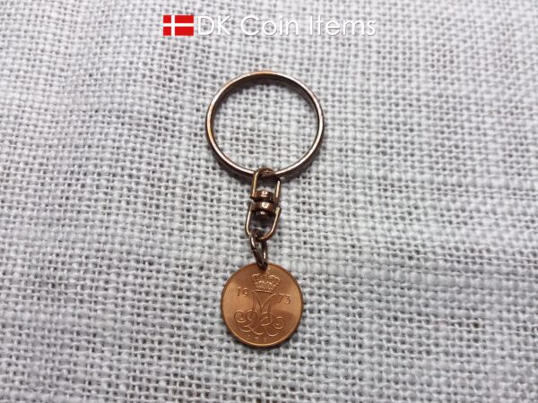 Denmark 1973 initial M coin keychain with 51 year old 5 ore coin pendant.