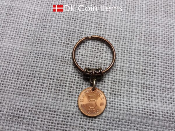 Denmark 1973 coin keychain with 51 year old M-initial 5 ore coin pendant.